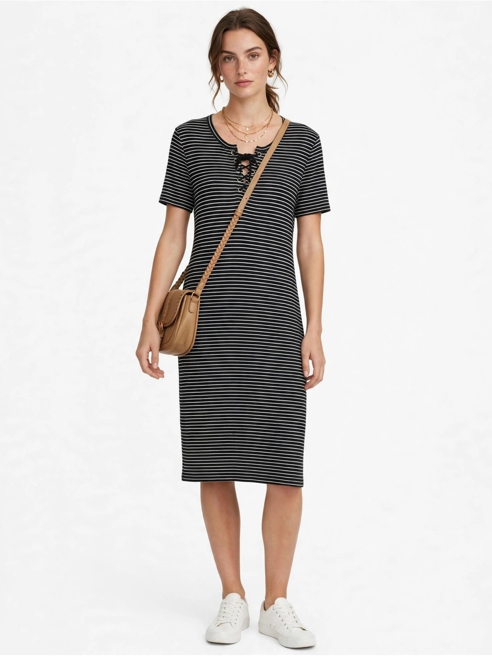 NEW Cupcakes and Cashmere Black and White Stripe Shirt Dress Lace Up Neck Large